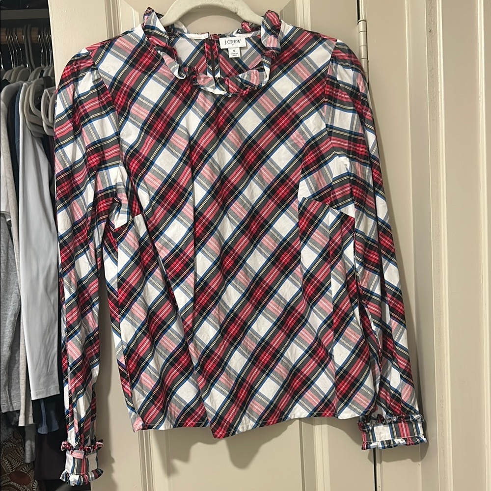 J Crew Plaid Ruffle Blouse